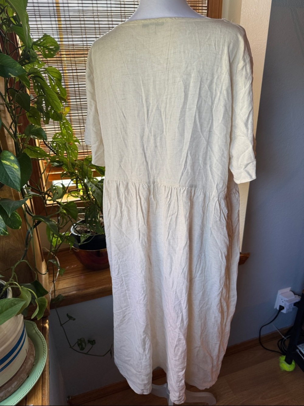XXL Ivory Linen Blend Shirt Dress Short Sleeve Plus Size Cottagecore lightweight - Picture 5 of 11